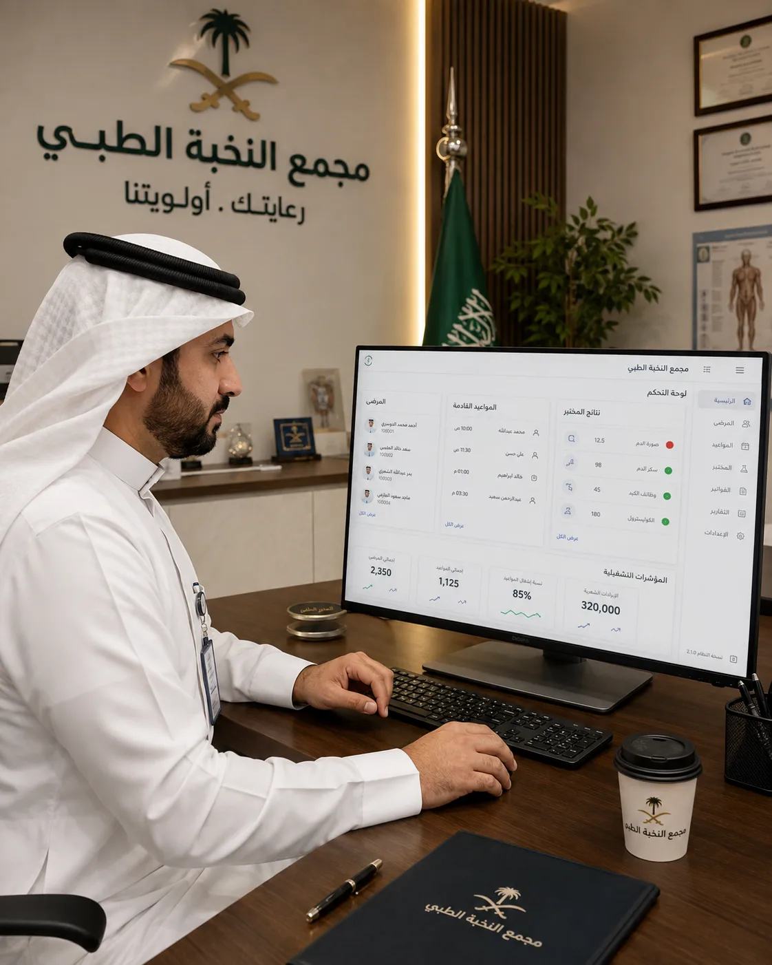 موظف في مجمع طبي يعمل على لوحة تحكم العيادات