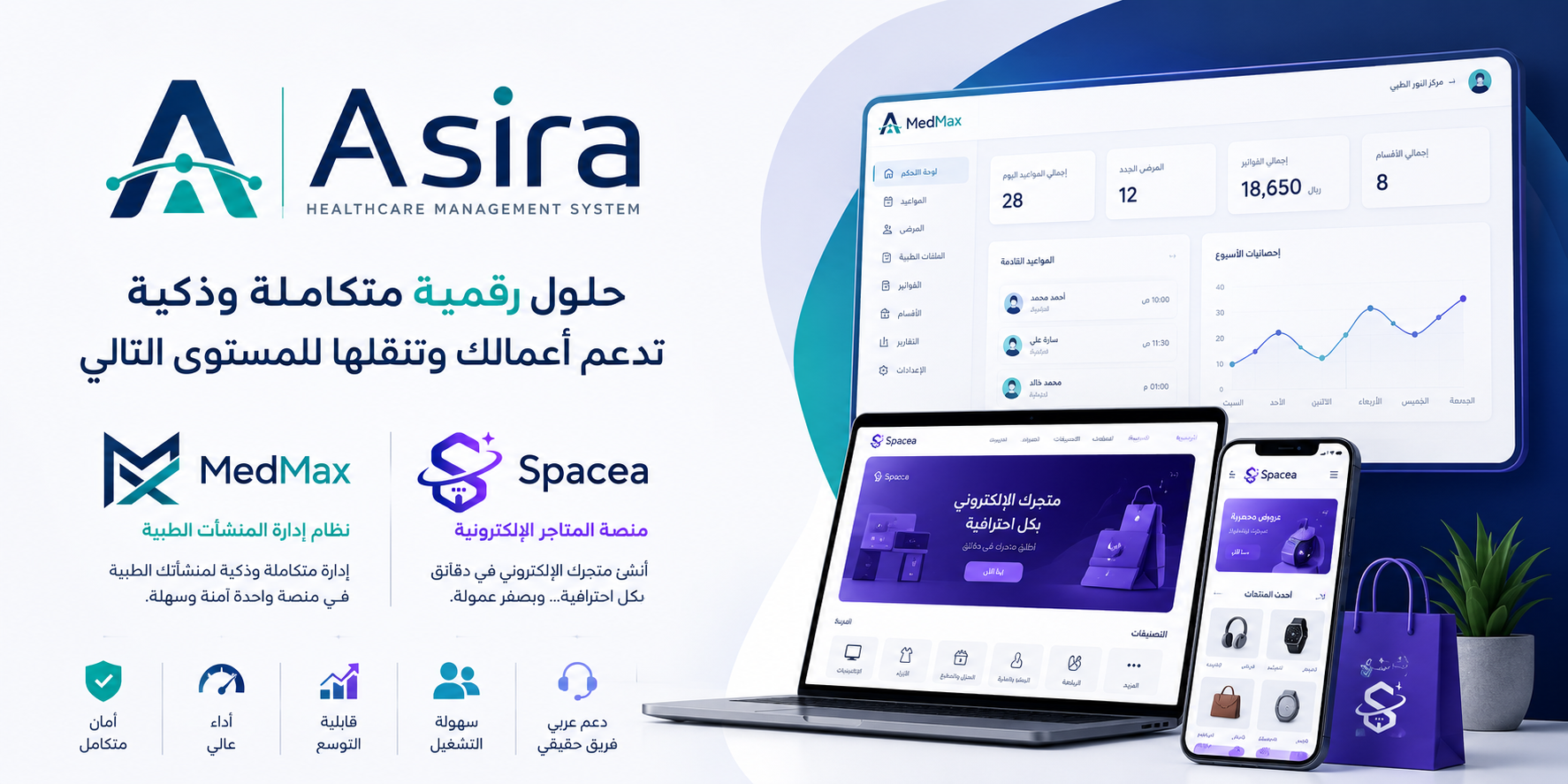 شعار شركة أسيرا للبرمجيات ومنتجاتها MedMax وSpacea