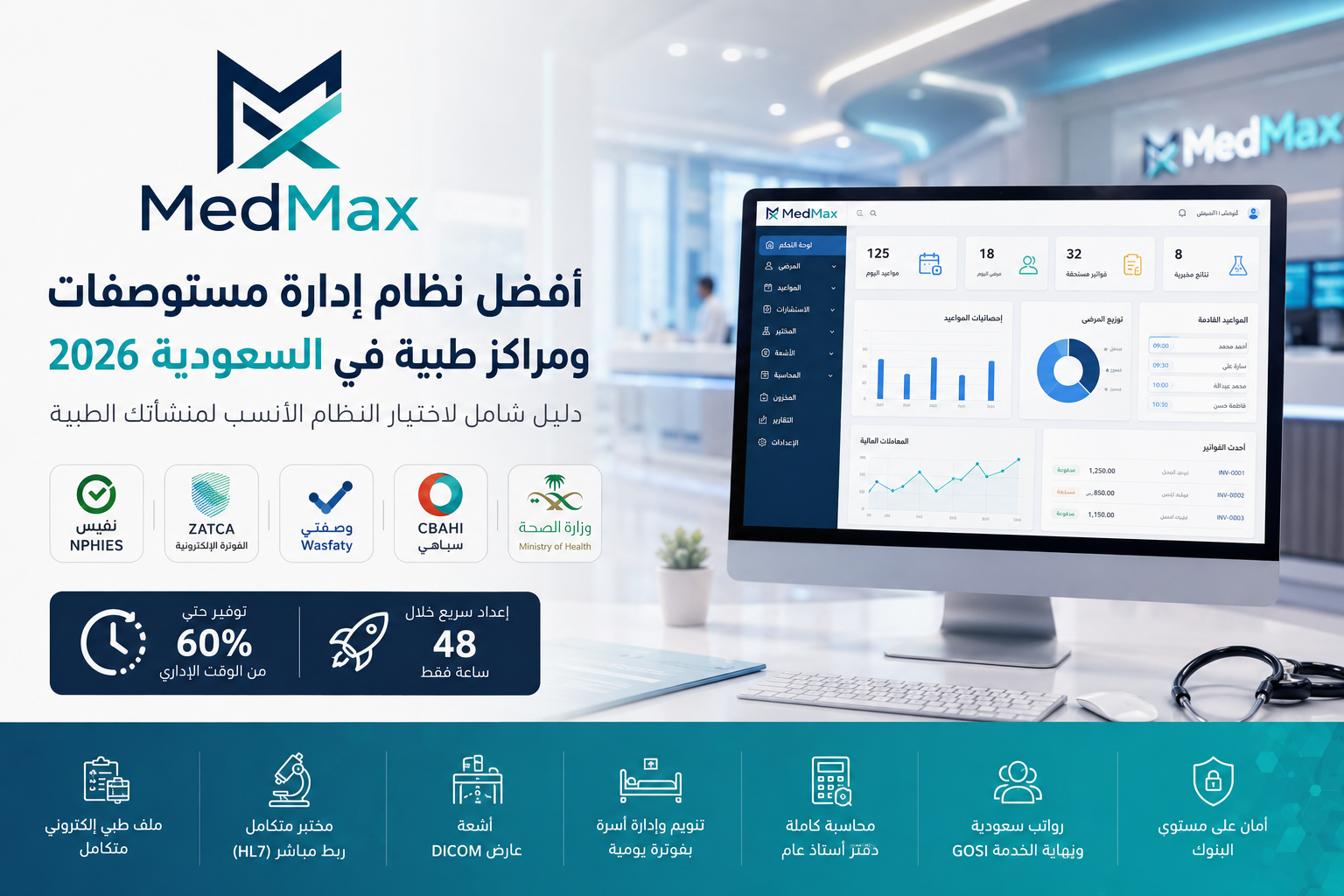 MedMax أفضل نظام إدارة مستوصفات ومراكز طبية في السعودية متوافق مع نفيس وزاتكا وسباهي