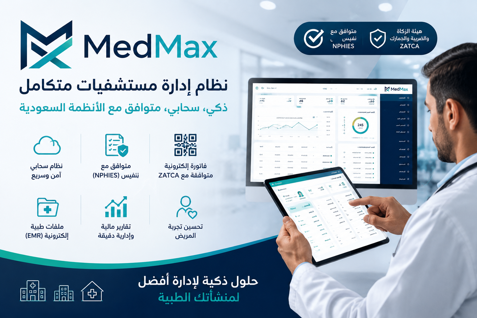نظام ميدماكس لإدارة المستشفيات والمراكز الطبية في السعودية مع تكامل كامل مع منصة نفيس (NPHIES) والفوترة الإلكترونية المعتمدة من هيئة الزكاة والضريبة والجمارك (ZATCA).