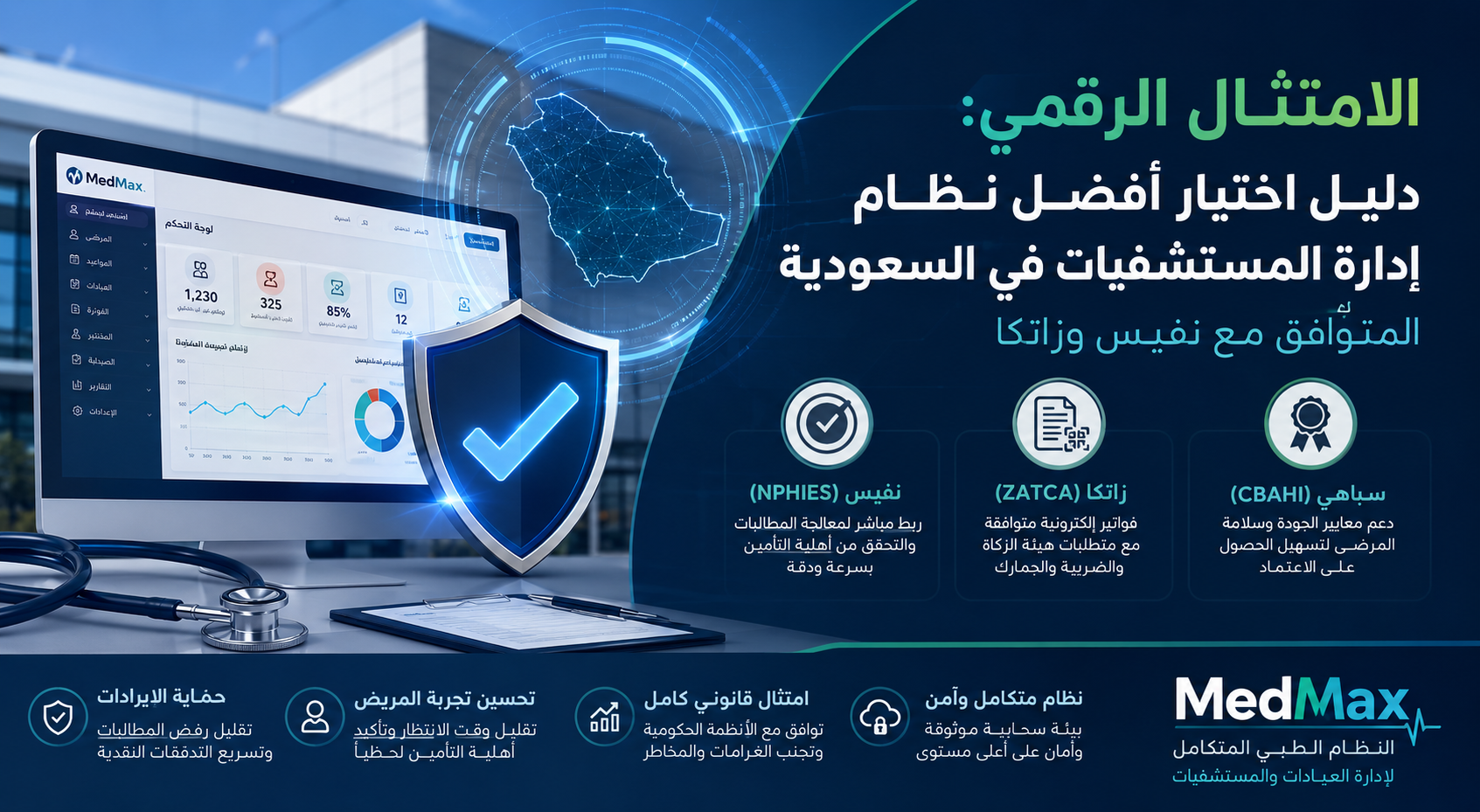 شاشة التحكم في أفضل نظام إدارة المستشفيات في السعودية ميدماكس المتوافق مع نفيس وزاتكا