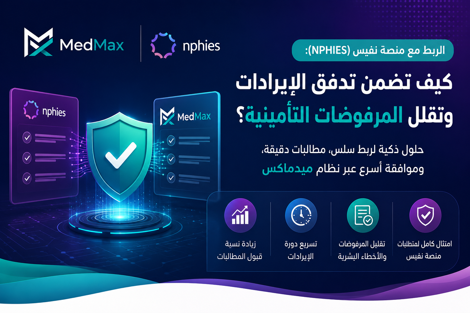 واجهة نظام ميدماكس لإدارة وربط المجمعات الطبية بمنصة نفيس NPHIES وتقليل المرفوضات التأمينية