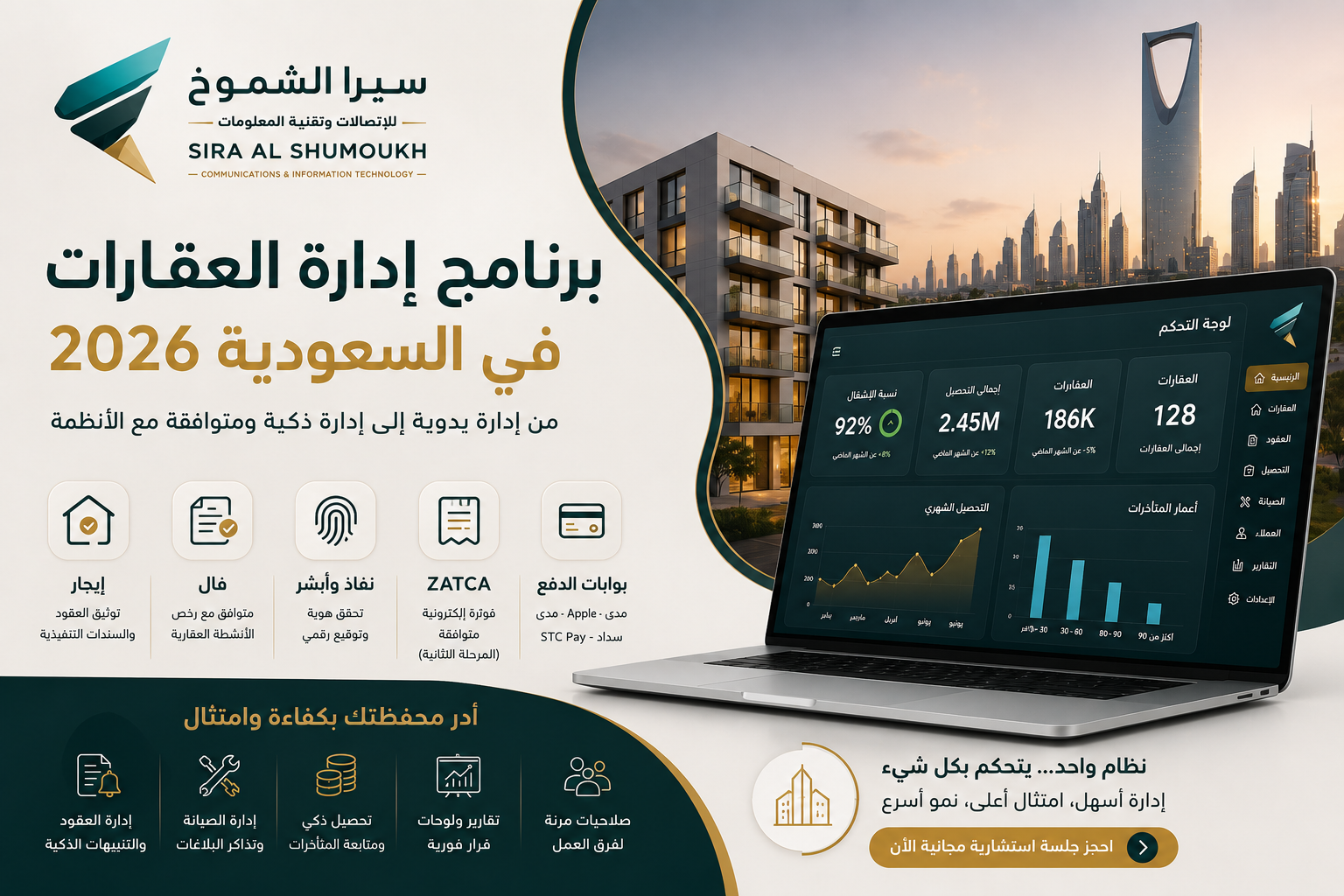 برنامج إدارة العقارات في السعودية 2026 مع لوحة تحكم مخصّصة وتكامل منصة إيجار من سيرا الشموخ