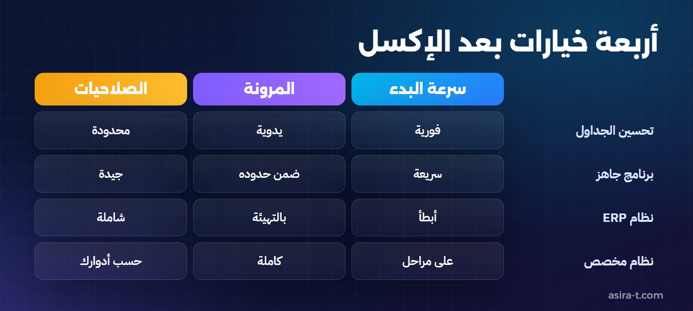 مقارنة بديل الإكسل للشركات: تحسين الجداول والبرنامج الجاهز ونظام ERP والنظام المخصص من حيث سرعة البدء والمرونة والصلاحيات